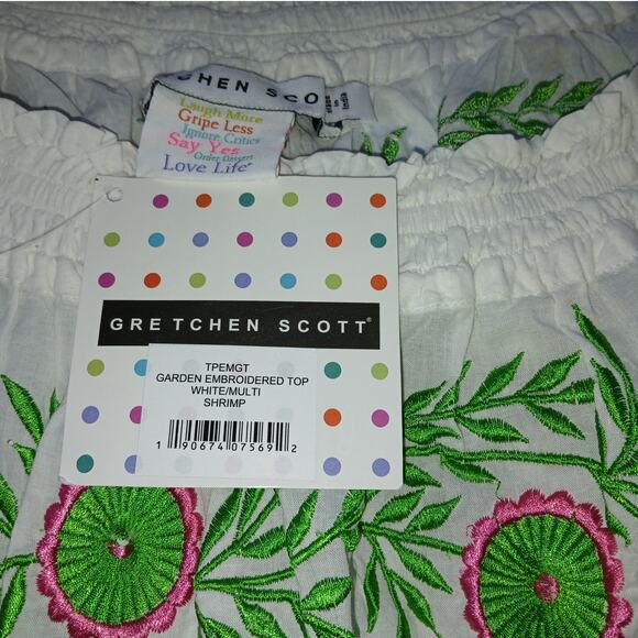 NWT - GRETCHEN SCOTT Off Shoulder Garden Embroidered White/Green & Pink Top XXS - Picture 2 of 7
